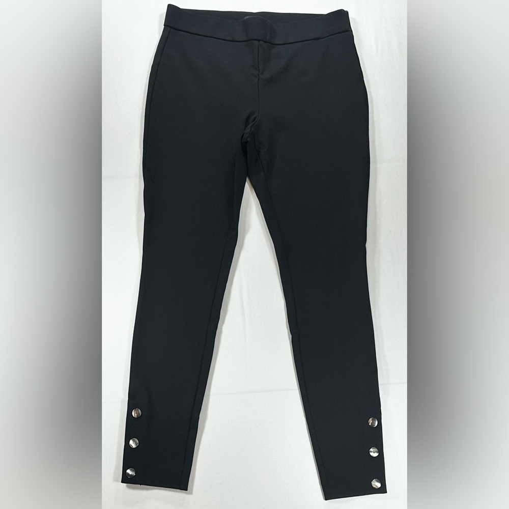 LOFT Black Workwear Chic Ponte Ankle Pants Sz 8 Button Hem Elevated Basics